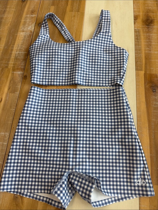 ALO Yoga Pants - ALO Yoga Navy and White Gingham Bike Shorts Set